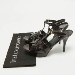 Pre Owned Saint Laurent Burgundy Patent Leather Tribute Ankle Strap Sandals Size 40