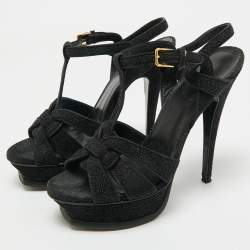 Pre Owned Saint Laurent Paris Black Glitter and Suede Tribute Platform Sandals Size 37.5