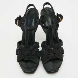 Pre Owned Saint Laurent Paris Black Glitter and Suede Tribute Platform Sandals Size 37.5