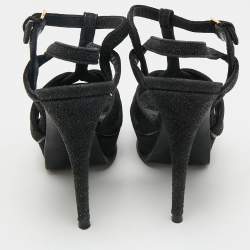 Pre Owned Saint Laurent Paris Black Glitter and Suede Tribute Platform Sandals Size 37.5