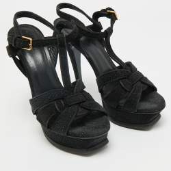 Pre Owned Saint Laurent Paris Black Glitter and Suede Tribute Platform Sandals Size 37.5