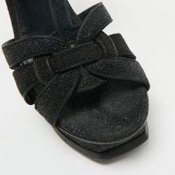 Pre Owned Saint Laurent Paris Black Glitter and Suede Tribute Platform Sandals Size 37.5