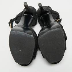 Pre Owned Saint Laurent Paris Black Glitter and Suede Tribute Platform Sandals Size 37.5