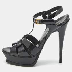 Saint Laurent Black Patent Leather Tribute Platform Sandals Size 39