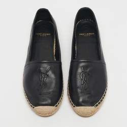 Pre Owned Saint Laurent Black Leather Logo Espadrille Flats Size 37