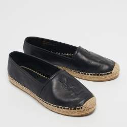 Pre Owned Saint Laurent Black Leather Logo Espadrille Flats Size 37