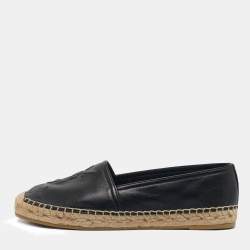 Saint Laurent Black Leather Logo Espadrille Flats Size 37
