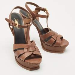 مملوكة مسبقًا Saint Laurent Brown Leather Tribute Platform Sandals Size 38