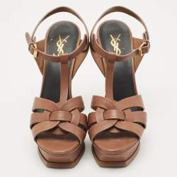 مملوكة مسبقًا Saint Laurent Brown Leather Tribute Platform Sandals Size 38