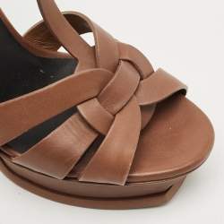 مملوكة مسبقًا Saint Laurent Brown Leather Tribute Platform Sandals Size 38