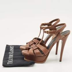 مملوكة مسبقًا Saint Laurent Brown Leather Tribute Platform Sandals Size 38
