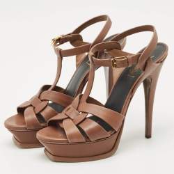 مملوكة مسبقًا Saint Laurent Brown Leather Tribute Platform Sandals Size 38