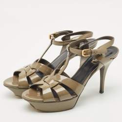 Pre Owned Saint Laurent Olive Green Patent Leather Tribute Platform Sandals Size 39.5