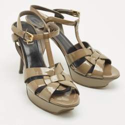 Pre Owned Saint Laurent Olive Green Patent Leather Tribute Platform Sandals Size 39.5