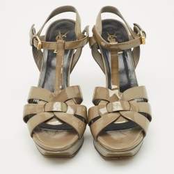 Pre Owned Saint Laurent Olive Green Patent Leather Tribute Platform Sandals Size 39.5