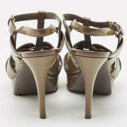 Pre Owned Saint Laurent Olive Green Patent Leather Tribute Platform Sandals Size 39.5