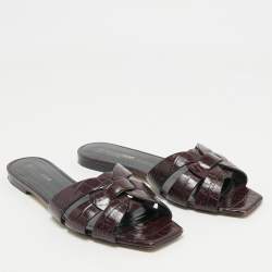 Saint Laurent Purple Croc Embossed Leather Tribute Flat Slides Size 39.5