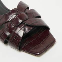 Saint Laurent Purple Croc Embossed Leather Tribute Flat Slides Size 39.5
