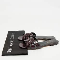 Saint Laurent Purple Croc Embossed Leather Tribute Flat Slides Size 39.5