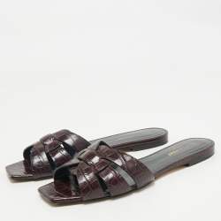 Saint Laurent Purple Croc Embossed Leather Tribute Flat Slides Size 39.5