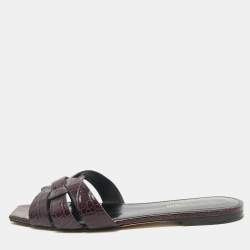 Saint Laurent Purple Croc Embossed Leather Tribute Flat Slides Size 39.5