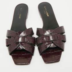 Saint Laurent Purple Croc Embossed Leather Tribute Flat Slides Size 39.5