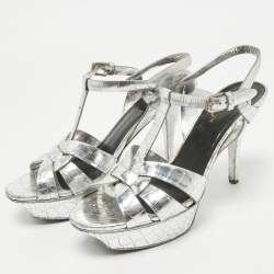 Pre Owned Saint Laurent Silver Croc Embossed Leather Tribute Ankle Strap Sandals Size 38.5