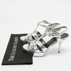Pre Owned Saint Laurent Silver Croc Embossed Leather Tribute Ankle Strap Sandals Size 38.5