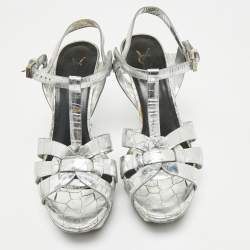 Pre Owned Saint Laurent Silver Croc Embossed Leather Tribute Ankle Strap Sandals Size 38.5