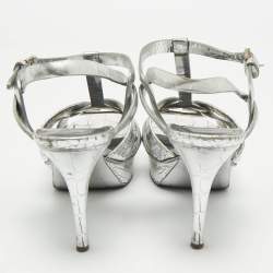 Pre Owned Saint Laurent Silver Croc Embossed Leather Tribute Ankle Strap Sandals Size 38.5