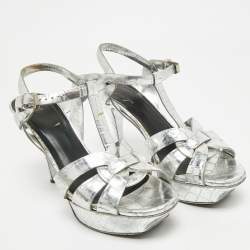 Pre Owned Saint Laurent Silver Croc Embossed Leather Tribute Ankle Strap Sandals Size 38.5