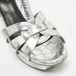 Pre Owned Saint Laurent Silver Croc Embossed Leather Tribute Ankle Strap Sandals Size 38.5