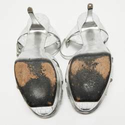 Pre Owned Saint Laurent Silver Croc Embossed Leather Tribute Ankle Strap Sandals Size 38.5