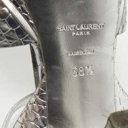 Pre Owned Saint Laurent Silver Croc Embossed Leather Tribute Ankle Strap Sandals Size 38.5