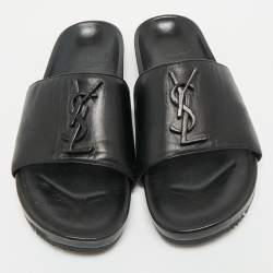 Pre Owned Saint Laurent Black Leather Joan Flat Slide Sandals Size 36.5