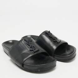 Pre Owned Saint Laurent Black Leather Joan Flat Slide Sandals Size 36.5