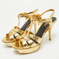 Saint Laurent Gold Croc Embossed Leather Tribute Ankle Strap Sandals Size 38.5