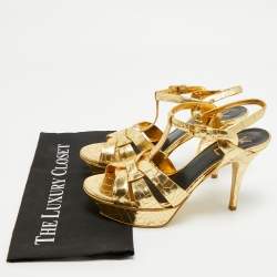 Saint Laurent Gold Croc Embossed Leather Tribute Ankle Strap Sandals Size 38.5