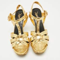 Saint Laurent Gold Croc Embossed Leather Tribute Ankle Strap Sandals Size 38.5
