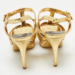 Saint Laurent Gold Croc Embossed Leather Tribute Ankle Strap Sandals Size 38.5