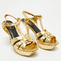 Saint Laurent Gold Croc Embossed Leather Tribute Ankle Strap Sandals Size 38.5