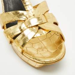 Saint Laurent Gold Croc Embossed Leather Tribute Ankle Strap Sandals Size 38.5