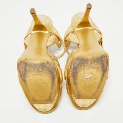 Saint Laurent Gold Croc Embossed Leather Tribute Ankle Strap Sandals Size 38.5