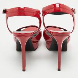 Pre Owned Saint Laurent Red Patent Leather Ankle Strap Platform Sandals Size 36