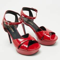 Pre Owned Saint Laurent Red Patent Leather Ankle Strap Platform Sandals Size 36