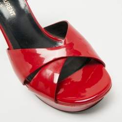 Pre Owned Saint Laurent Red Patent Leather Ankle Strap Platform Sandals Size 36