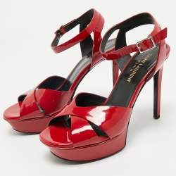 Pre Owned Saint Laurent Red Patent Leather Ankle Strap Platform Sandals Size 36