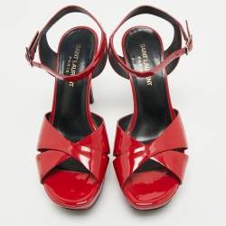 Pre Owned Saint Laurent Red Patent Leather Ankle Strap Platform Sandals Size 36