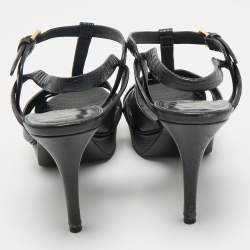 Pre Owned Saint Laurent Black Lizard Embossed Leather Tribute Ankle Strap Sandals Size 39.5