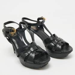 Pre Owned Saint Laurent Black Lizard Embossed Leather Tribute Ankle Strap Sandals Size 39.5